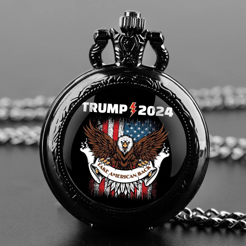 TRUMP 2024 We Won Pocket Watch - Quartz Movement, Round Dial, Unique Bronze Necklace Souvenir Gift