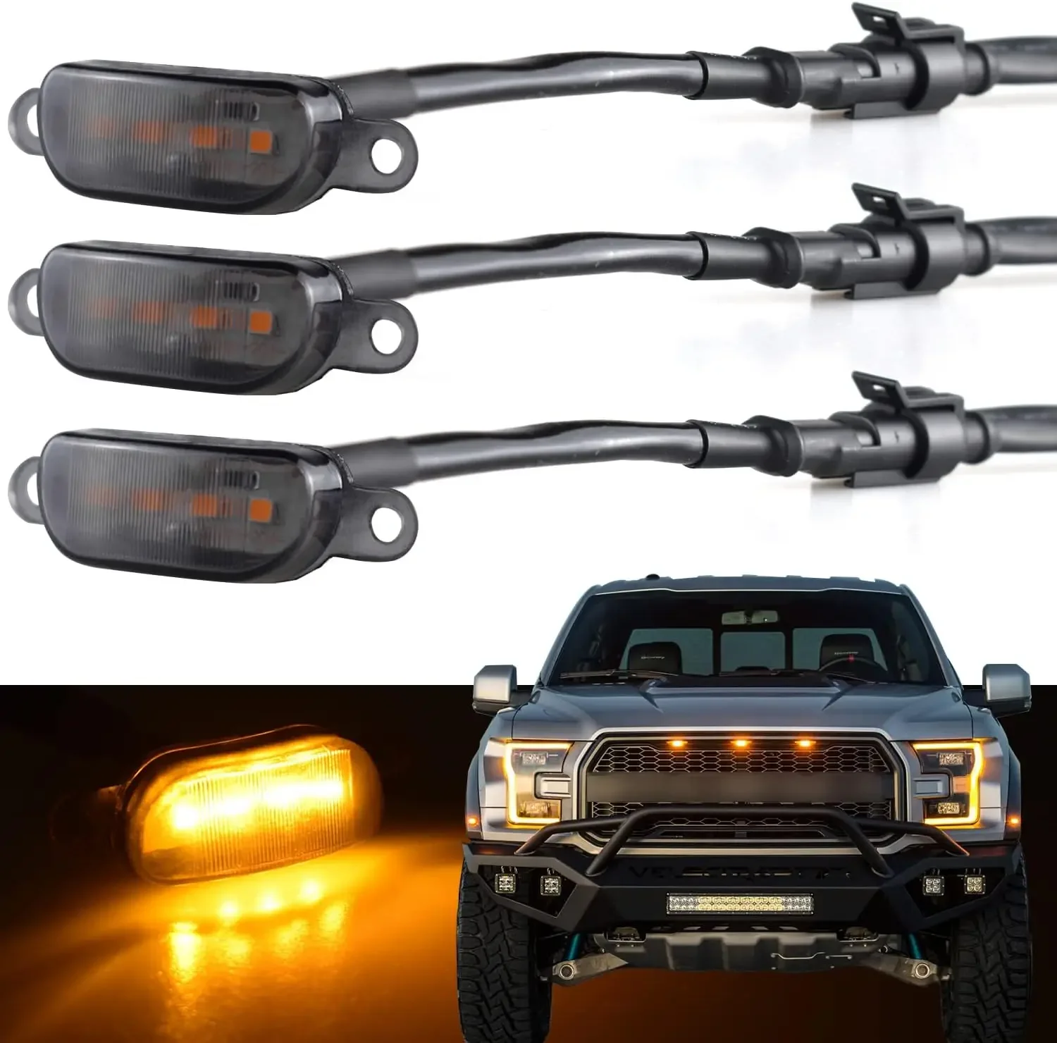

Amber LED Grille Lights for Ford F150 Raptor 2004-2019 & Dodge Ram 1500 2013-2018, Smoked Lens
