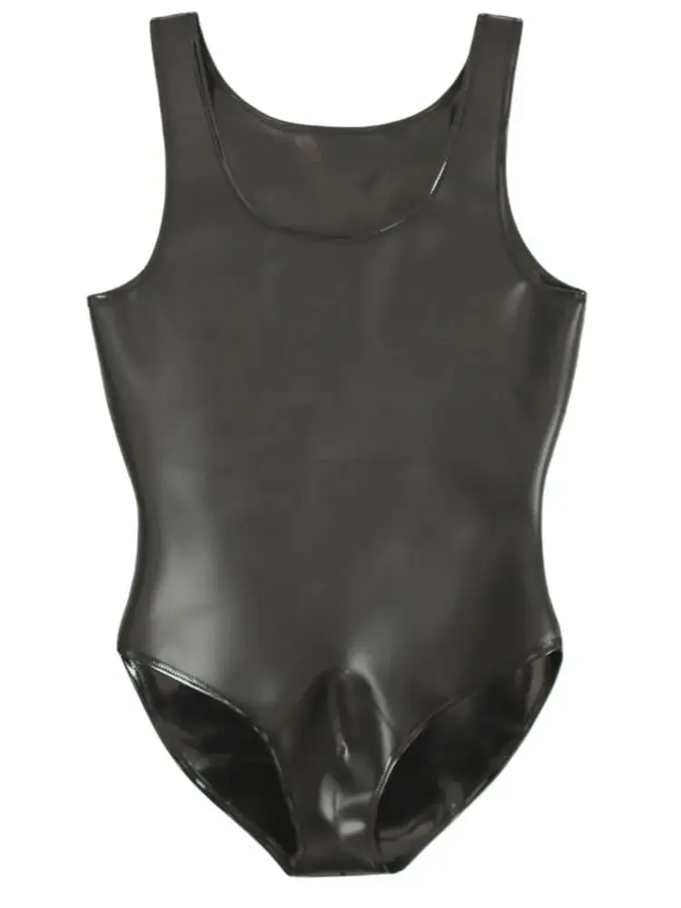 S-4XL Double Sided PU Leather Reversible Vest Faux Latex Wet Look Tank Tops Convex Pouch Bodysuit Tights Shapers Body Teddies