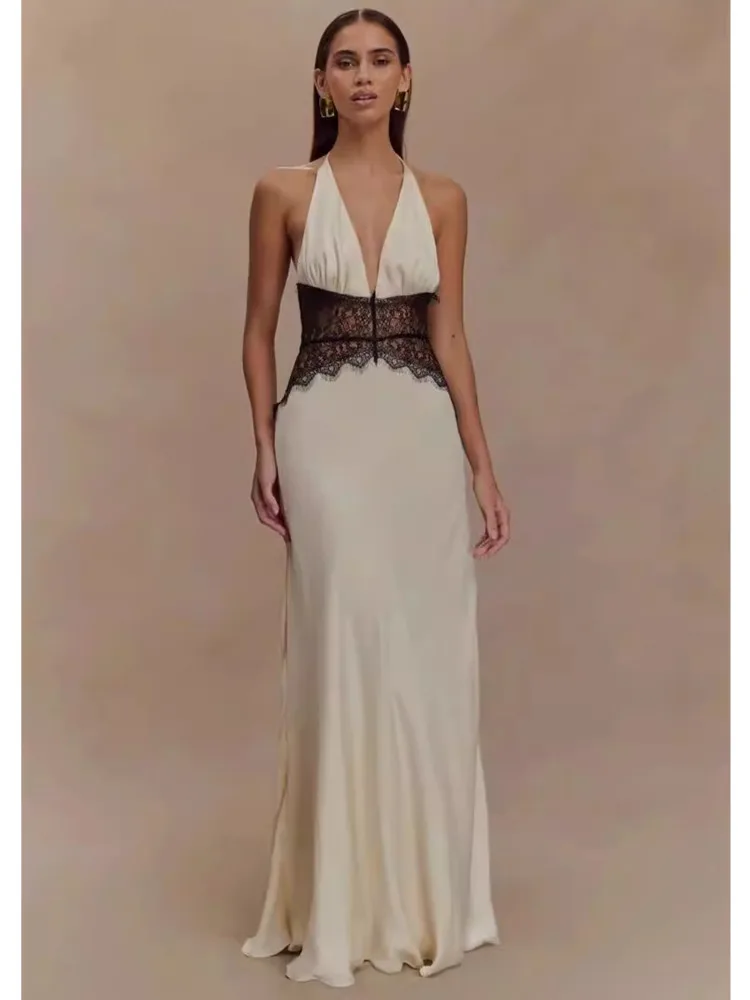 فستان ماكسي نسائي من DFDG لربيع وصيف 2026، بتصميم رقبة مفتوحة وتطريز دانتيل، مصنوع من الساتان، بفتحة صدر عميقة على شكل V، مناسب للحفلات الرسمية، أنيق وعصري