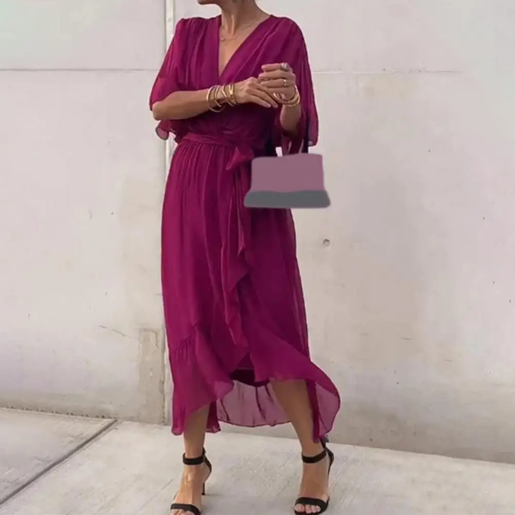 

Dress Elegant V Neck Lace-up Midi Dress with Pleated Irregular Bat Sleeves High Waist Ruffle Hem for Dating Commute Solid Color