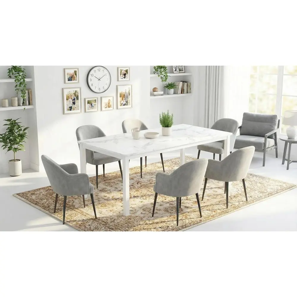 

Stylish 6-8 Seater Marble Top Dining Table with Metal Legs, White & Gray, 2m x 0.9m