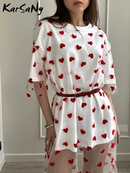Long Mesh T Shirt Dress For Women Short Sleeve Heart Tulle Fake Two Piece Dresses WOmen's White Loose Maxi Dress With Heart Red
