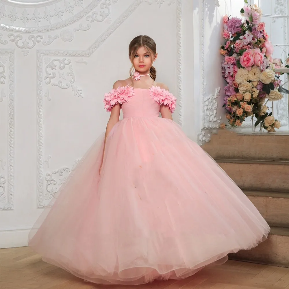 

Pink Off Shoulder Boat Neck Flower Girl Dresses for Birthday 2023 Summer Soft Tulle Wedding Party Gowns with Flower