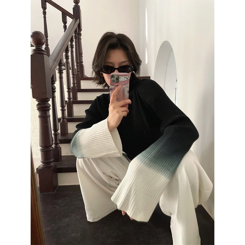 Korobov Pit-striped Turtleneck Base Tops Loose Temperament Sweater Contrast Color Womens Clothing Korean Fashion Pull Femme