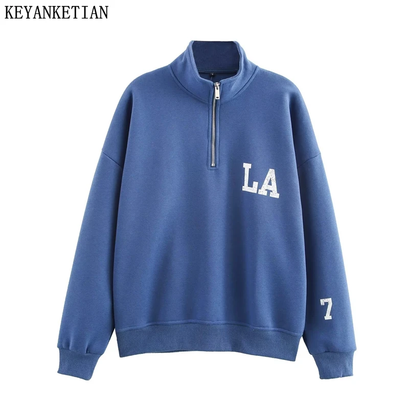 KEYANKETIAN New Women's Letter Print Stand collar Sweatshirts Leisure style Screw Thread Patchwork Oversize Pullover Hoodies Top