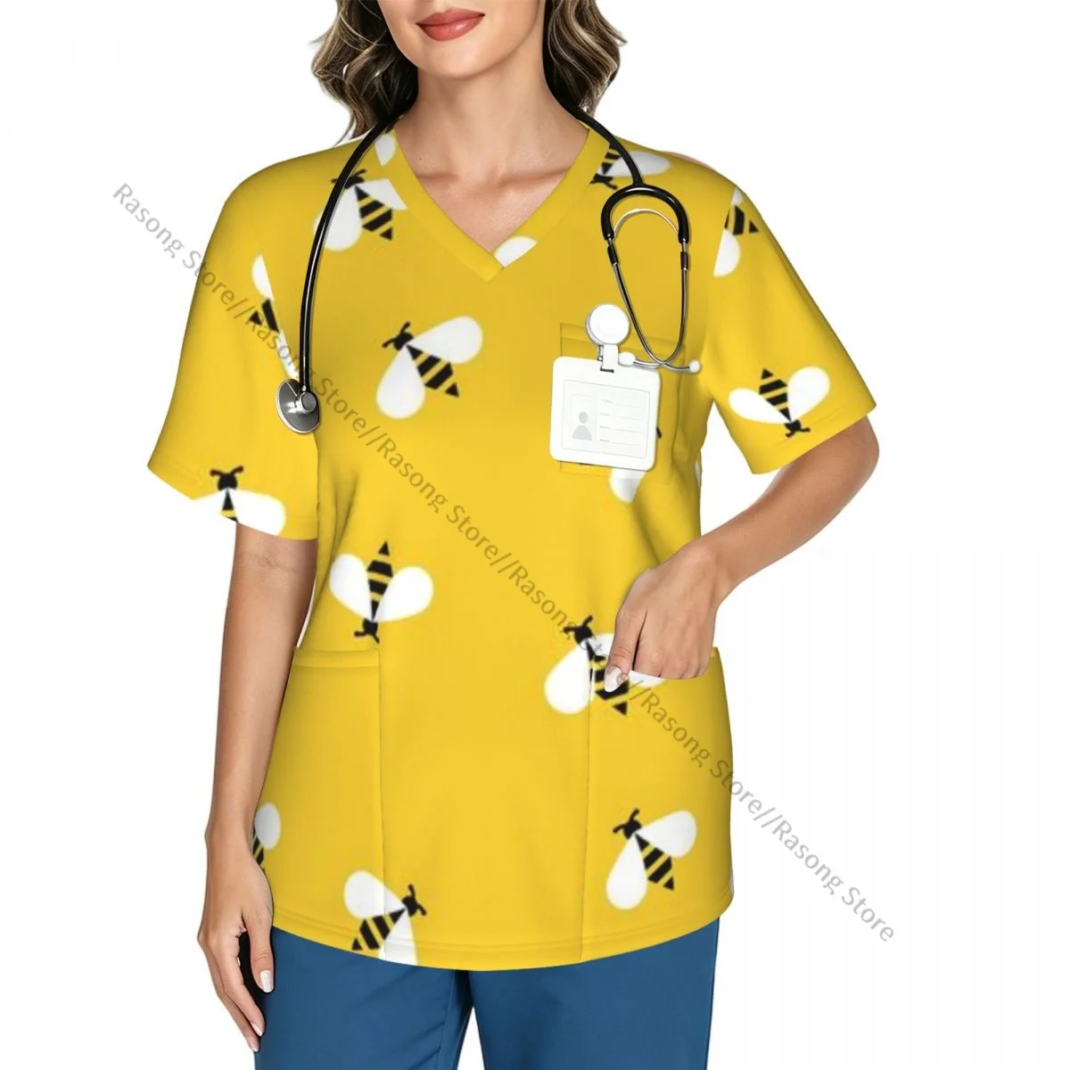 Women Scrubs Blouse Medical Nurse V-neck Clinical Scrubs Top Bee And Honey Operating Room Work T-shirt