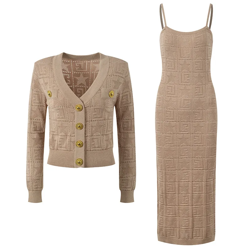 

Высококачественная версия с вышивкой Ele Star, роскошный парижский вязаный облегающий открытый кардиган с верхним ремешком, длинный комплект для женщин