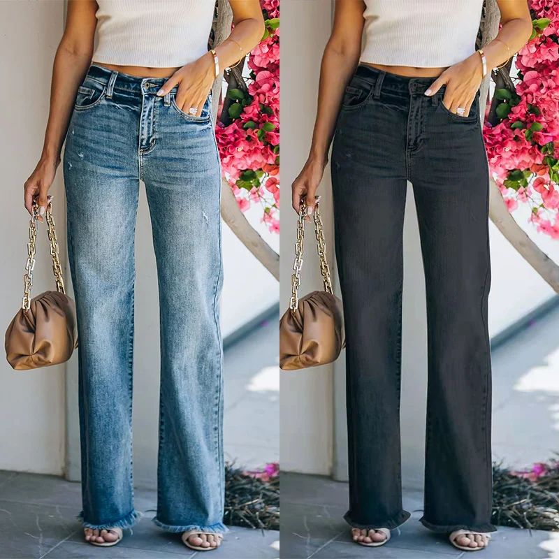 

Faionable Retro Women's Jeans Casual Denim Trousers Straight Leg Long Pants l Waist Zipper Closure Spring Season