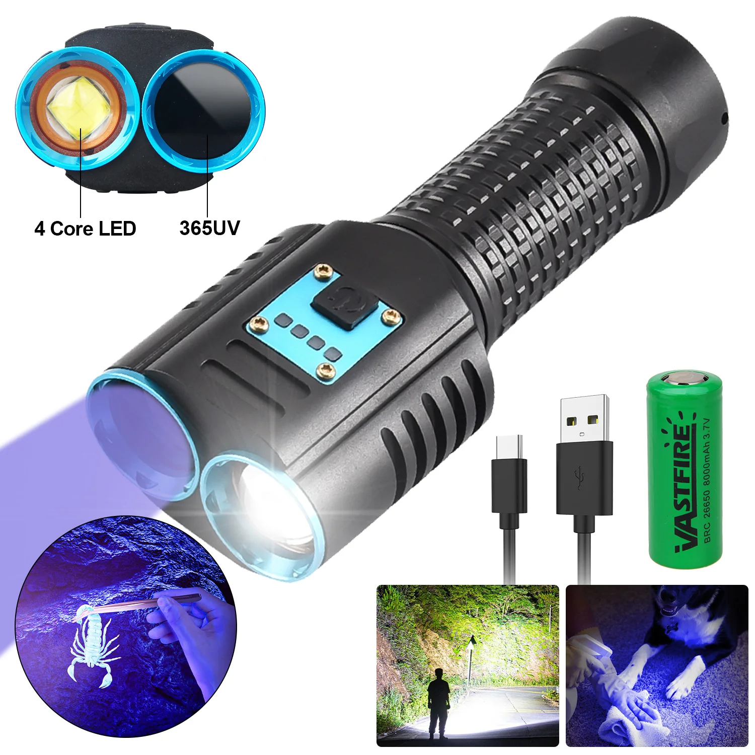 30W 365UV Black Mirror UV Flashlight Fluorescent Oil Pollution Detection White and Purple Lights