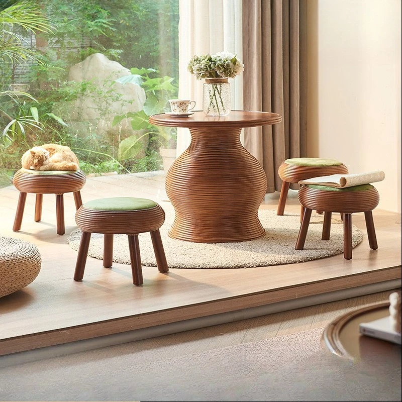 Medieval style living room round shoe changing stool plant rattan upholstery cushion low stool party solid wood stool tea table