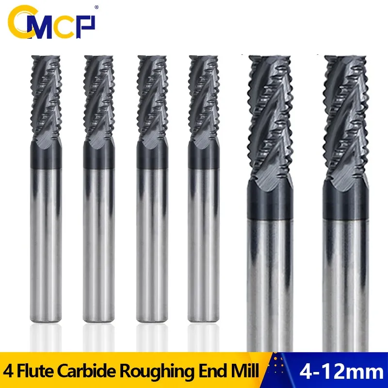 CMCP Solid Carbide Roughing End Mill 4 Flute CNC Milling Cutter Bits Router Bit for 50HRC Metal Roughing Machining 4mm to 12mm