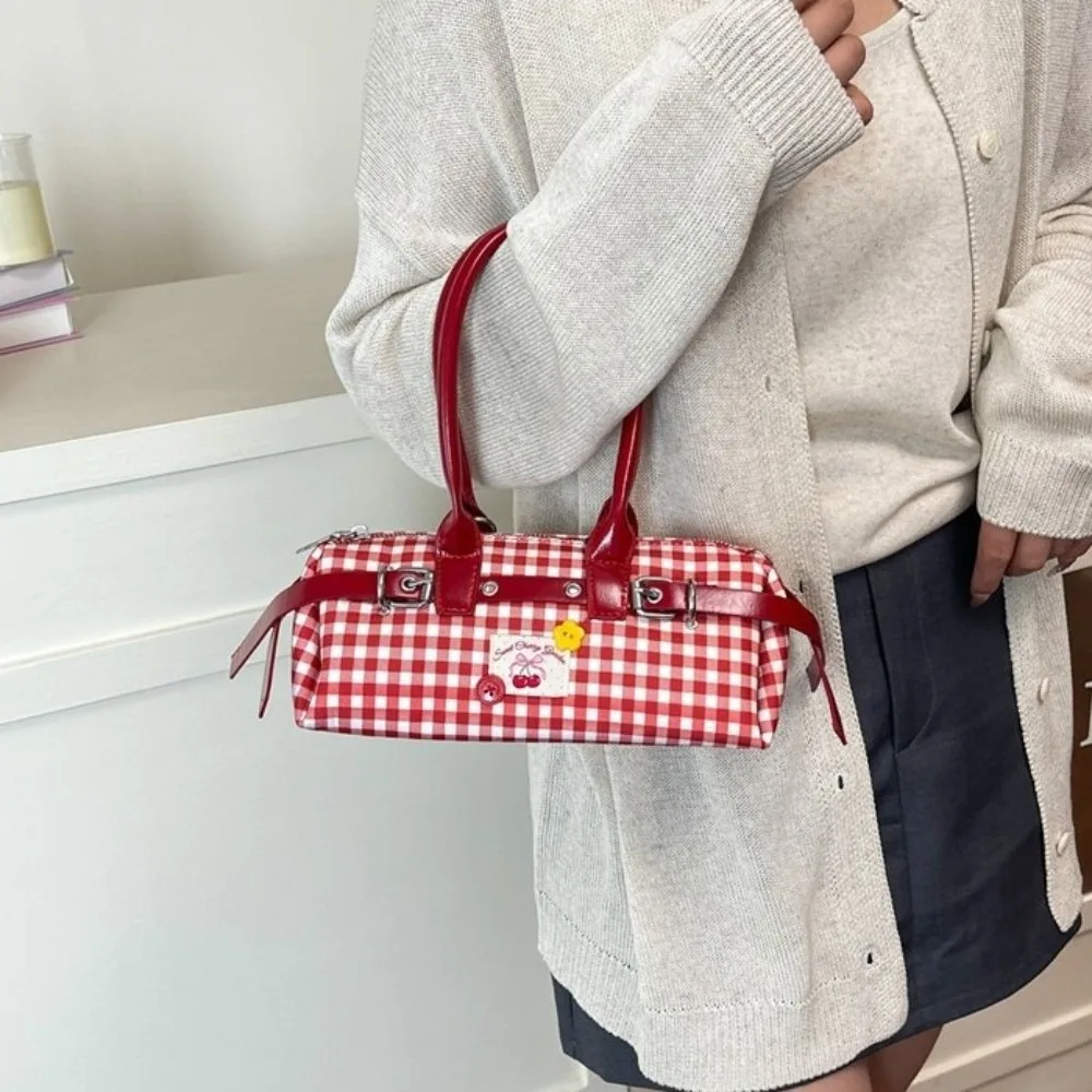 

All Match Bow Grid Shoulder Bag PU Leather Korean Style Women Underarm Bag Y2k Seersucker Bowling Bag Girls