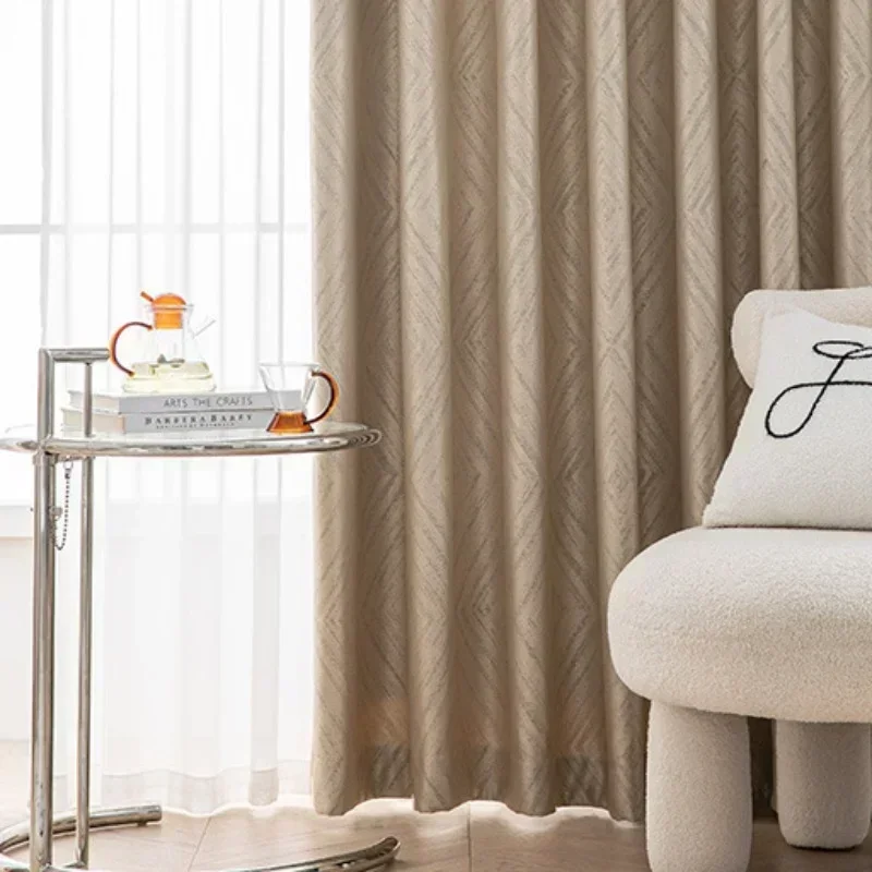 Fashion Simple Luxury Curtains For Living Room Bedroom Blackout Milk Tea High Precision Chenille Texture Tulle Custom Window