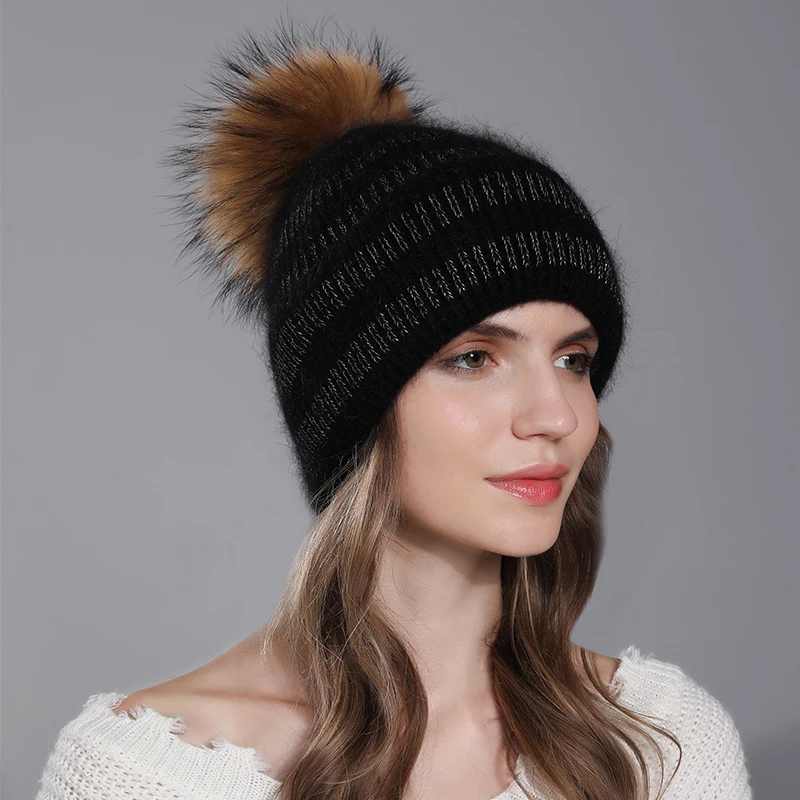 CNTANG Hat For Women Angora Rabbit Fur Beanies With Natural Raccoon Fur Pompom Hats Winter Knitted Warm Silver Wire Female Cap