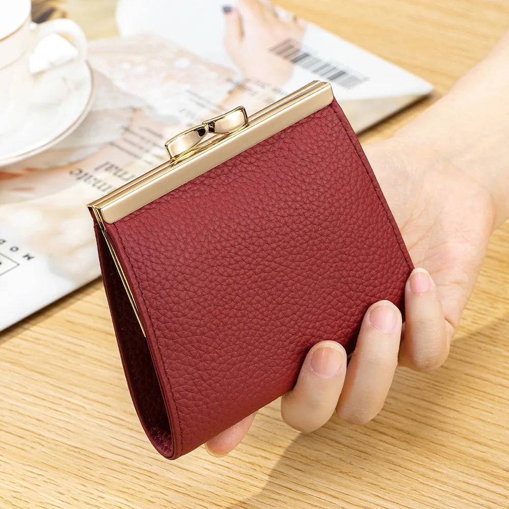 Genuine Leather Clip Wallet Cowhide Small  Fashion Hand Coin Purse ID Card Holder Key Lipstick Earphone Storage Pouch Case 。