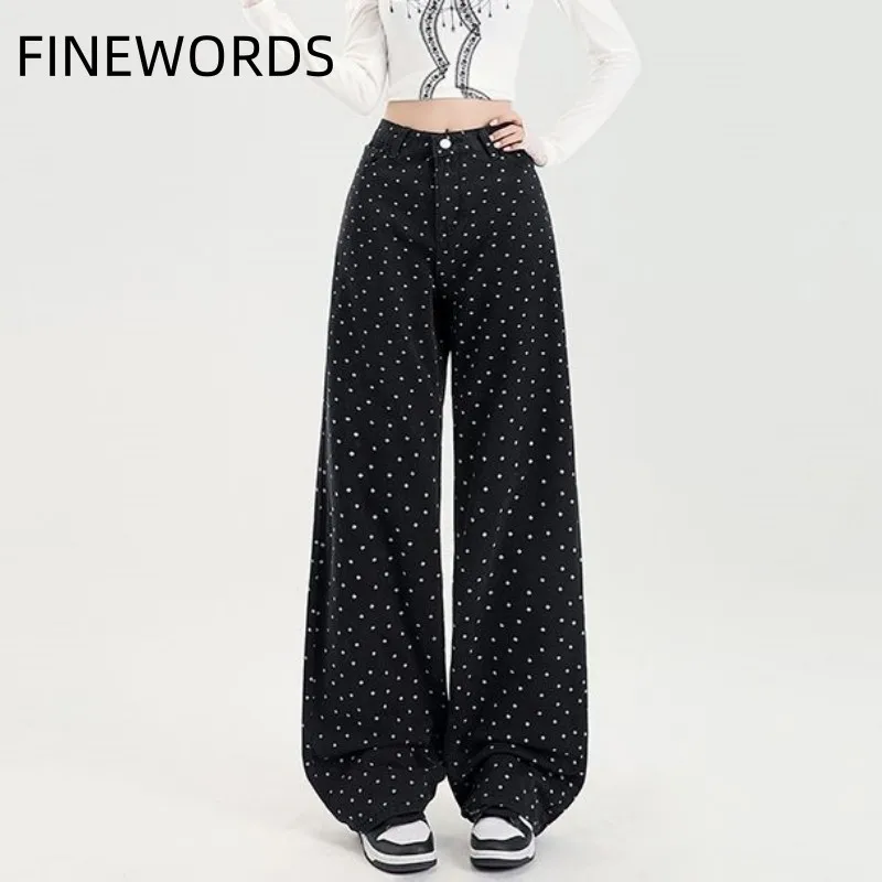 FINEWORDS Hoge taille wijde pijpen jeans dames Koreaanse casual dot bedrukte jeans Koreaanse streetwear losse Easymatch retro gewassen jeans