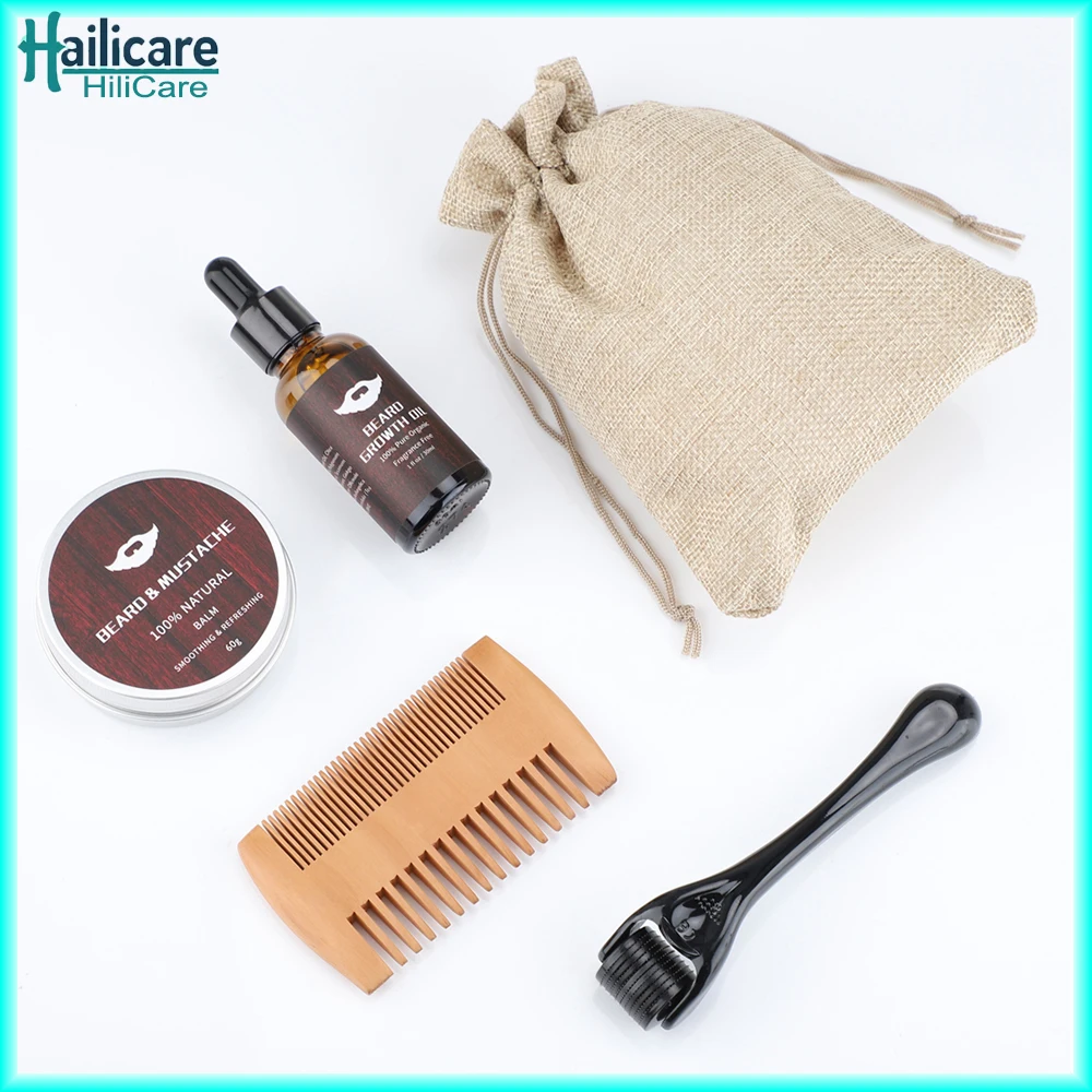 

5pcs/set Beard Growth Kit for Men Includes Beard Oil Balm Comb and Travel Bag Perfect Gift Set Men Barbe Beard Styling Care