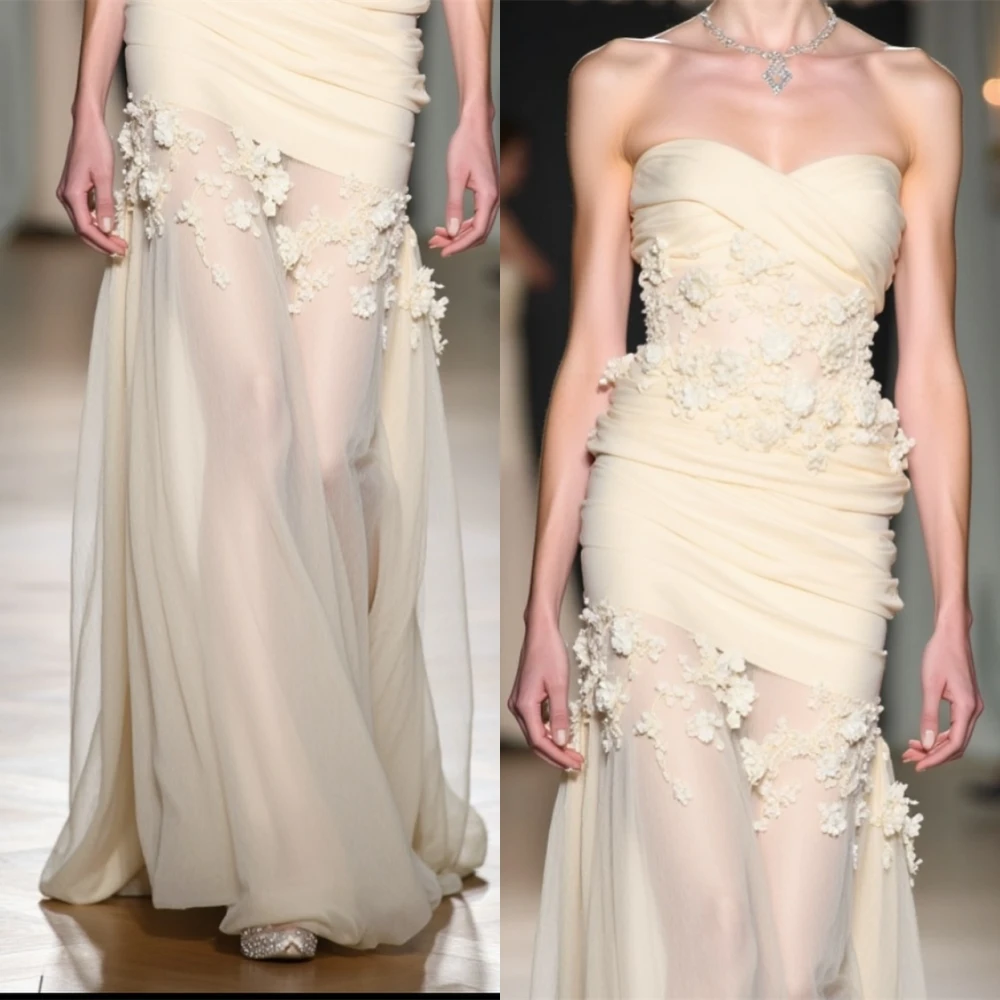 Customized See Through Chiffon Strapless Evening Dress High Quality Flowers Prom Dresses Delicate Special Occasion Gowns