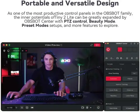OBSBOT Tiny 2 Lite PTZ 4K Webcam 1080p@60fps HDR With AI Tracking Privacy Cover Microphone 1/2 Sensor USB2.0 Plug play