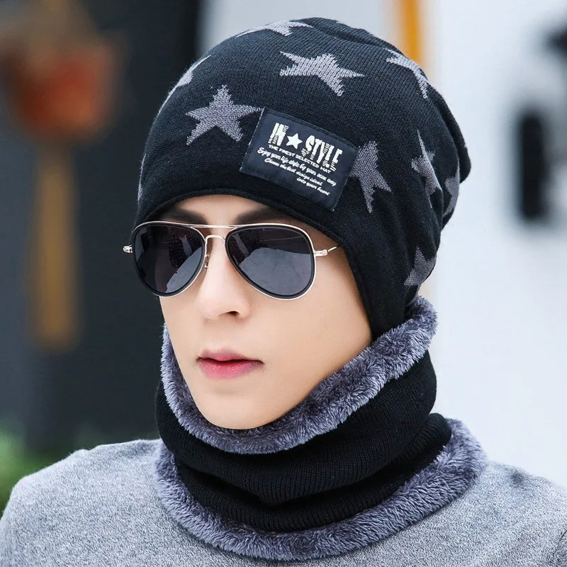 2Pcs Men's Warm Knitted Hat and Scarf Sets Autumn Winter Outdoor Sports Warm Neckerchief Trendy Fashion Star-Shaped Pullover Cap