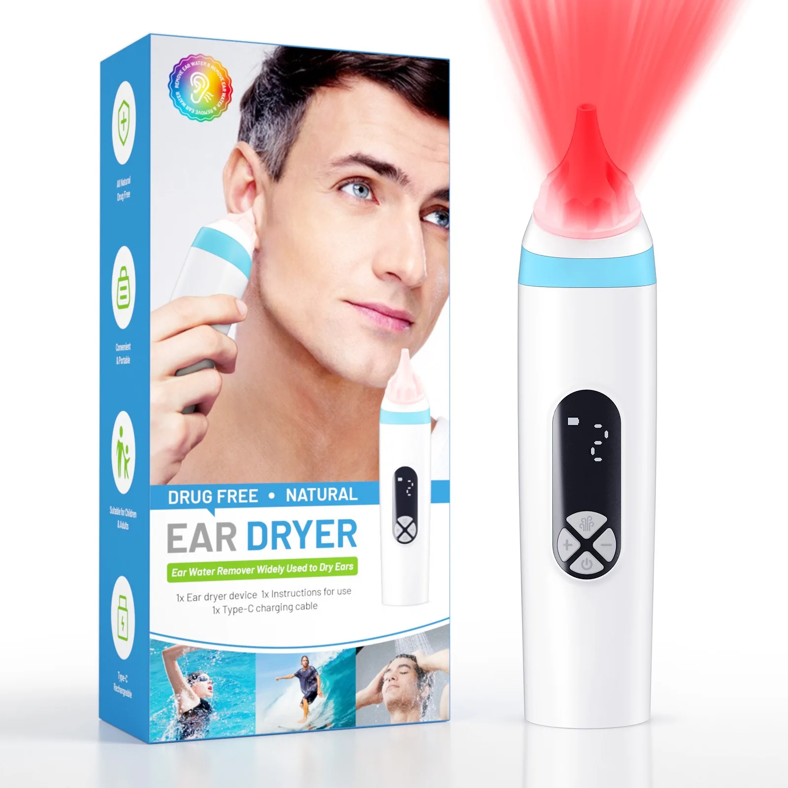 Rechargeable Ear Dryer, Dual Warm Air Mode for Safe Swimming Water Removal & Fast Drying