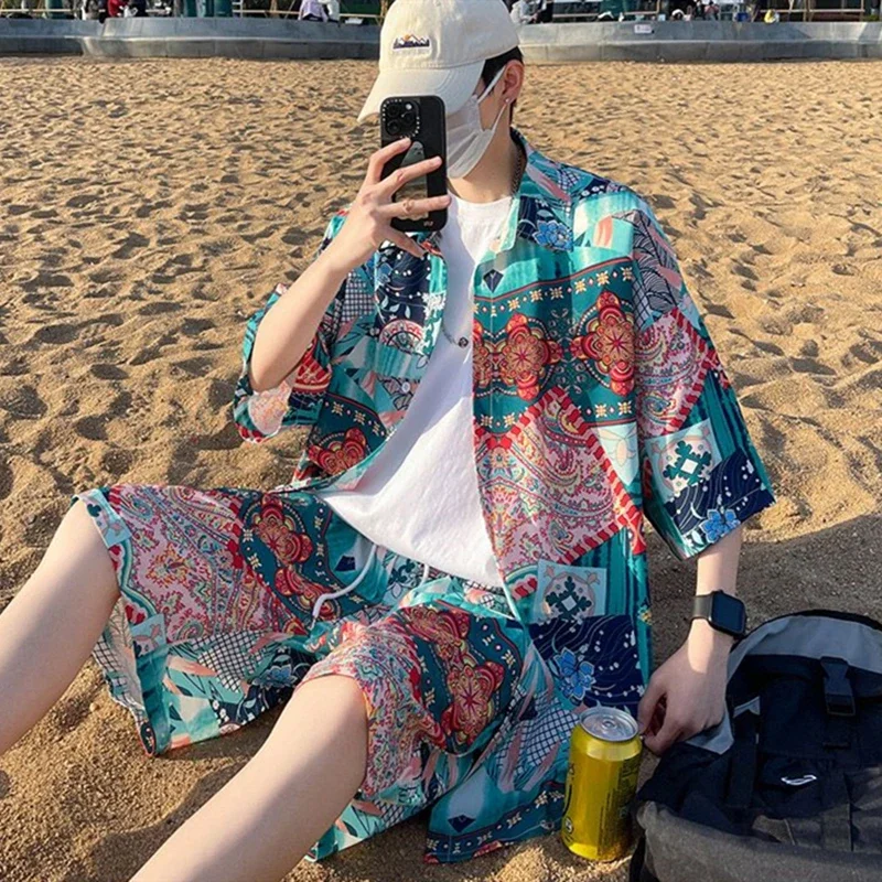 Mens Fashion Print Sets Short Sleeve Shirt+Shorts 2Pcs Suit Loose 2024 Summer Casual Beachwear Male Vacation Hawaiian Outfits