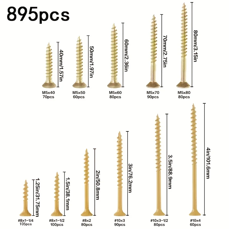 895 pieces of colored zinc, yellow wood screws, M5, #8 and #10 sizes, for decoration, furniture, and carpentry - hexagonal drive