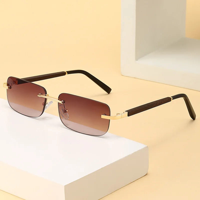 New Square Frameless Sunglasses, European and American Trendy Wood Grain Sunglasses, Leg Sunglasses, Women's Fashion Sunglasses