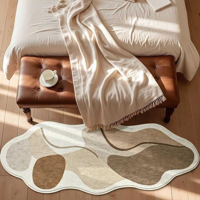 VIKAMA Plush Bedside Rug, Non-Slip Soft Fluffy Carpet, Minimalist Irregular Print Mat for Bedroom Living Room Decor