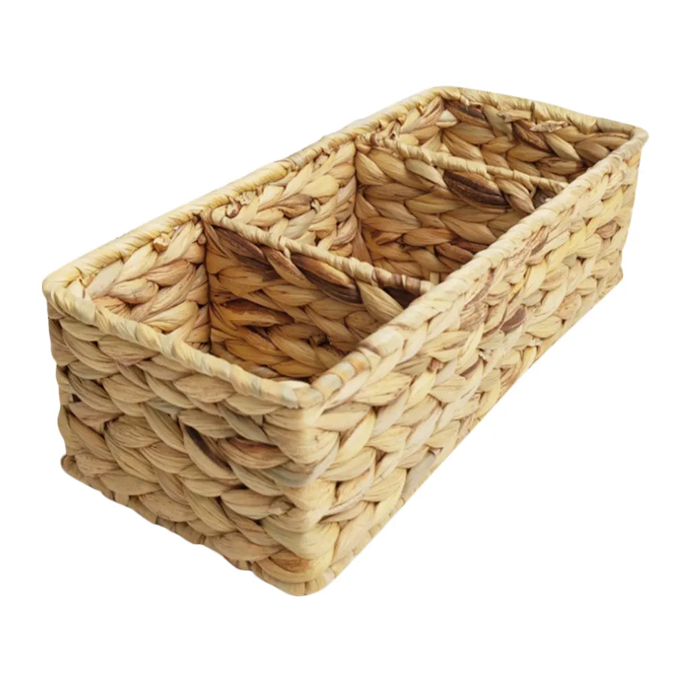 3-Section Natural Water Hyacinth Woven Basket Desktop Organizer Kitchen Cutlery Sundries Sundries Multi-Purpose Storage Basket