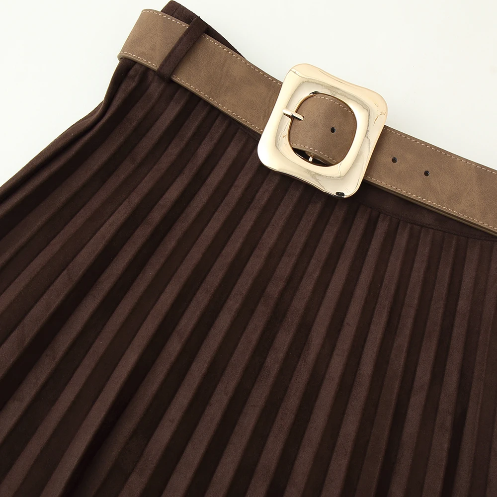 KASLEAD Women's Velvet Effect Pleated Midi Skirt with Belt High Waist Polyester Fiber Casual Sle A-Line Skirt 30252 7