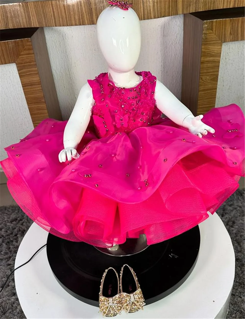 Fluffy Tulle Flower Girls Dress Gem Sequins Layered Lovely Red Baby Bow Formal Dresses Kid Birthday Wedding For Bridesmaids