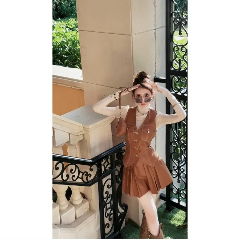 

Sweet Hot Girl Suit Women's Autumn Retro Vest High Collar Bottom Shirt Pleated Skirt Three-piece Set Fashion Female Clothes