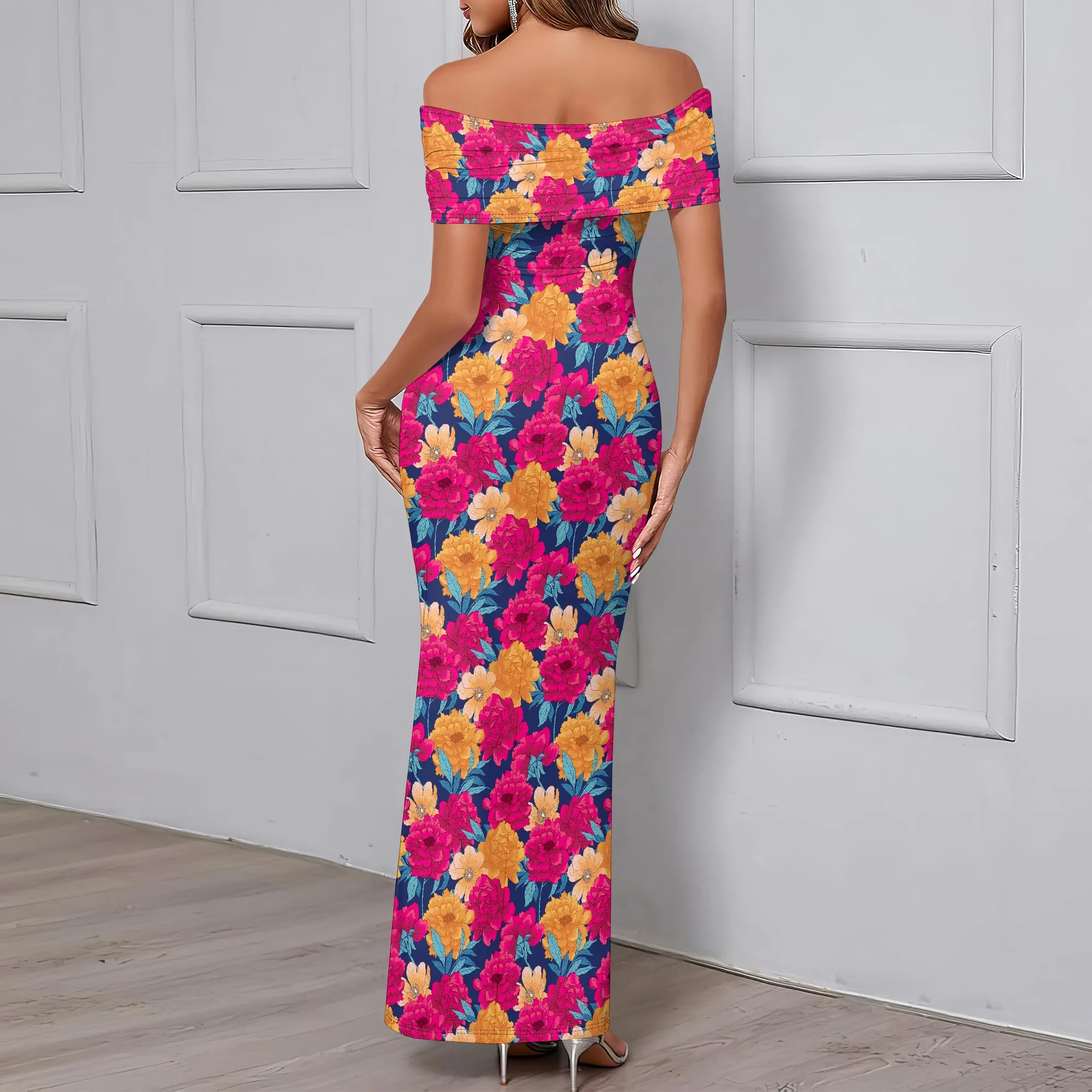 Women's Off Shoulder Long Dress XS-3XL Floral Print Strapless Comfortable Elegant