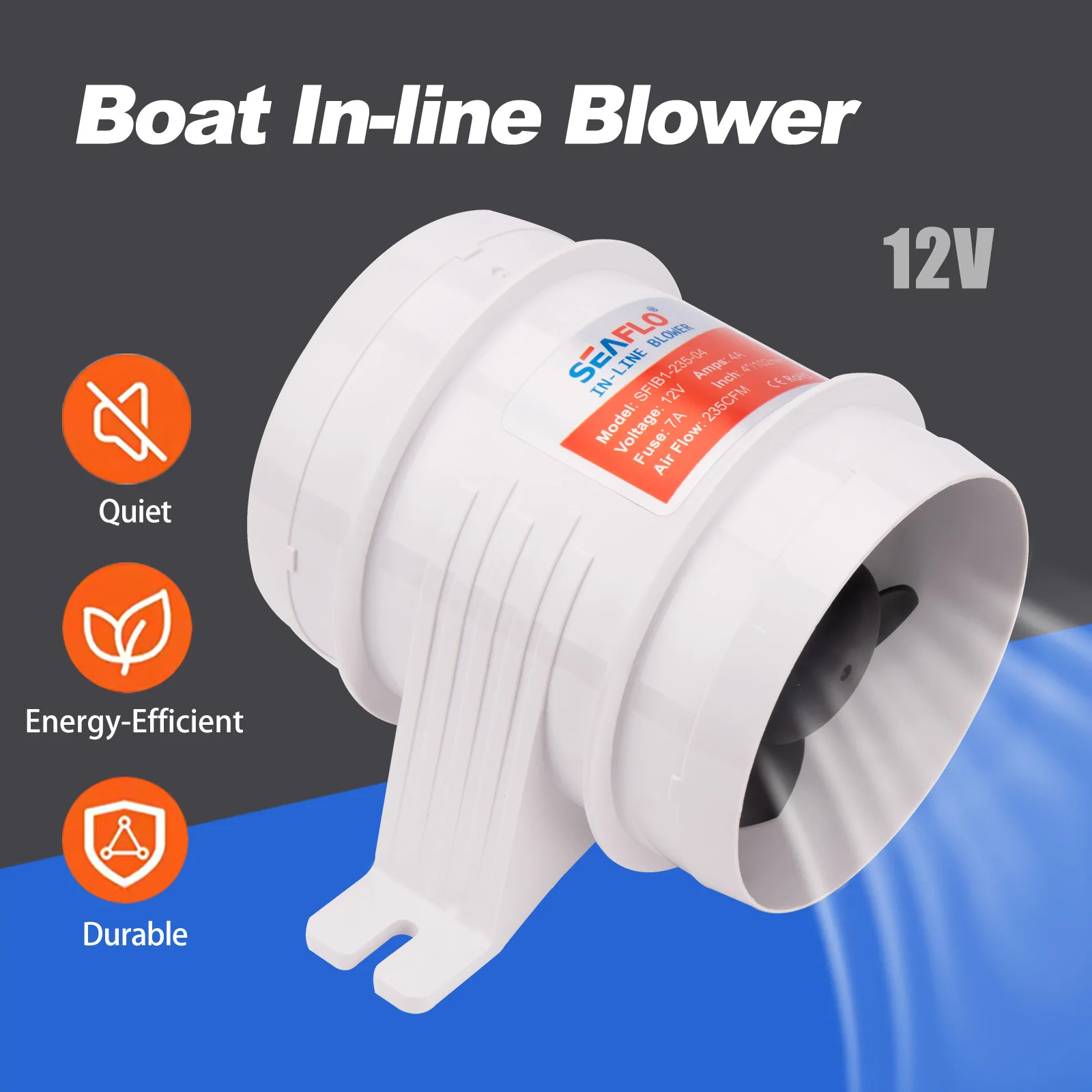 Ventilateur marin en ligne 12V 4'' pour compartiment moteur, extracteur d'air 235CFM, ventilation de cale de bateau à haut débit