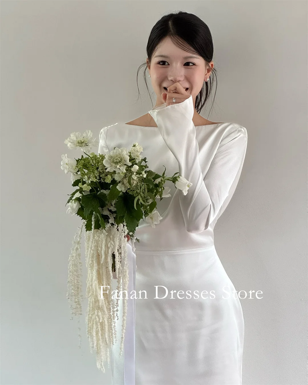FANAN Boat Neck Korea Sheath Wedding Dresses 웨딩드레스 Silk Satin Ivory Long Sleeves Customized Pretty  Bride Gowns Plus Size