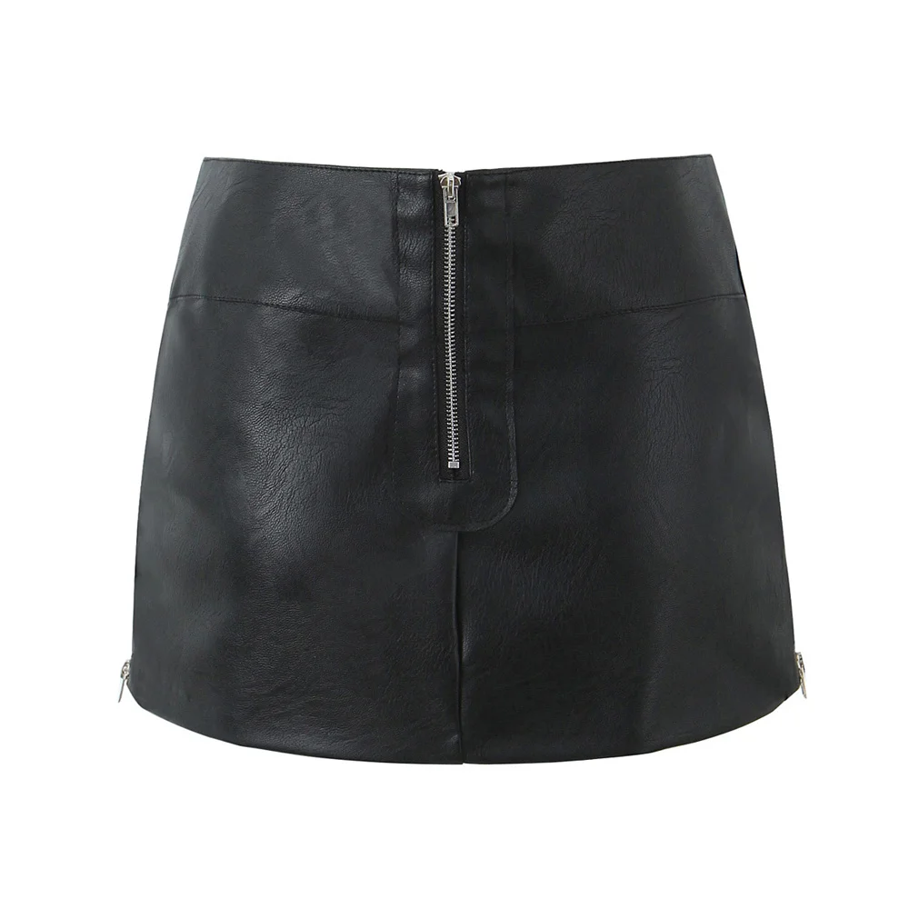 Black mini skirts for woman korean fashion fall faux leather skirt vintage punk clothes PU skirts zipper up harajuku fashion