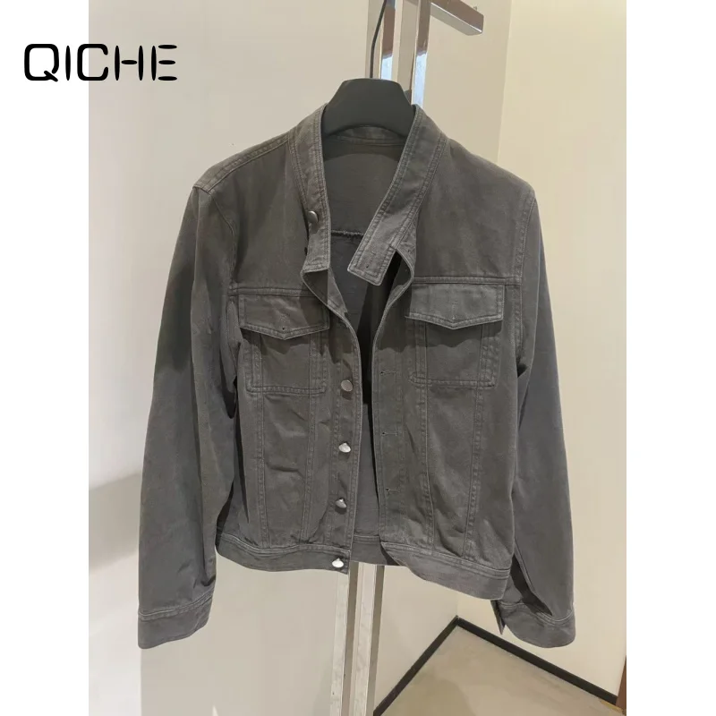 QICHE Women 2026 New Autumn Korean‑Style 2‑Piece Outfit Retro Tailored Stand‑Collar Jacket With Straight Wide‑Leg Trousers