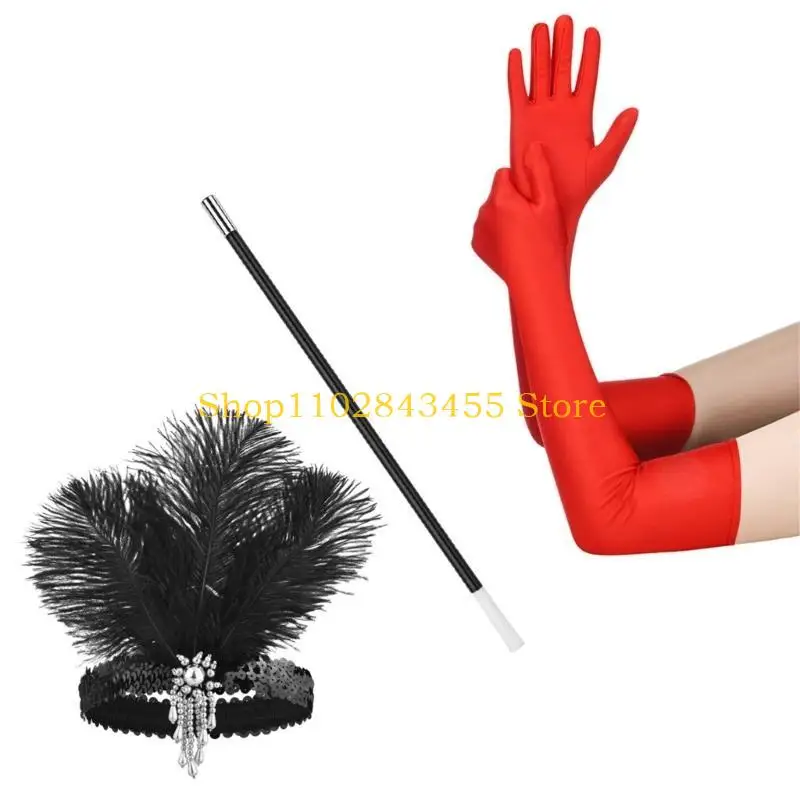 

49MC 1920s Flapper Party Costume Accessories for Women Vintage Rhinestones Headpiece Long Gloves Masquerade Party Wear