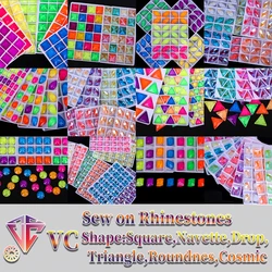VC Fluorescent Sew on AB Rhinestone Square,Navette,Triangle,Drop,Roundnes,Cosmic Sewing Diamond Flatback DIY Accessories Wedding
