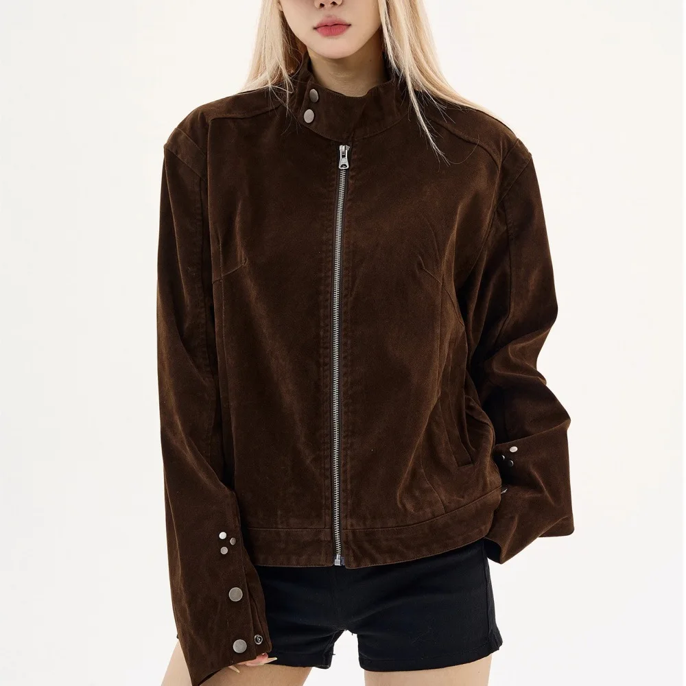 New Women's Stand Collar Zipper Jacket Long Sleeve Rivet Decor Fit Elegant Versatile Commute Office Daily Wear Casual Outerwear