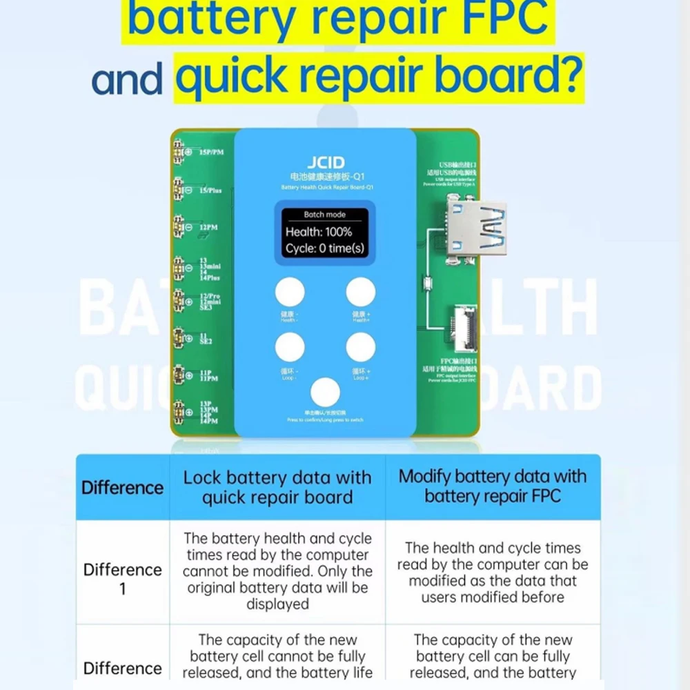 Carte de réparation rapide de la santé de la batterie JCID JC Q1, iPhone 11 à 15 Pro, fenêtre de résolution, pop-up, modification, embauche, pas besoin de FPC