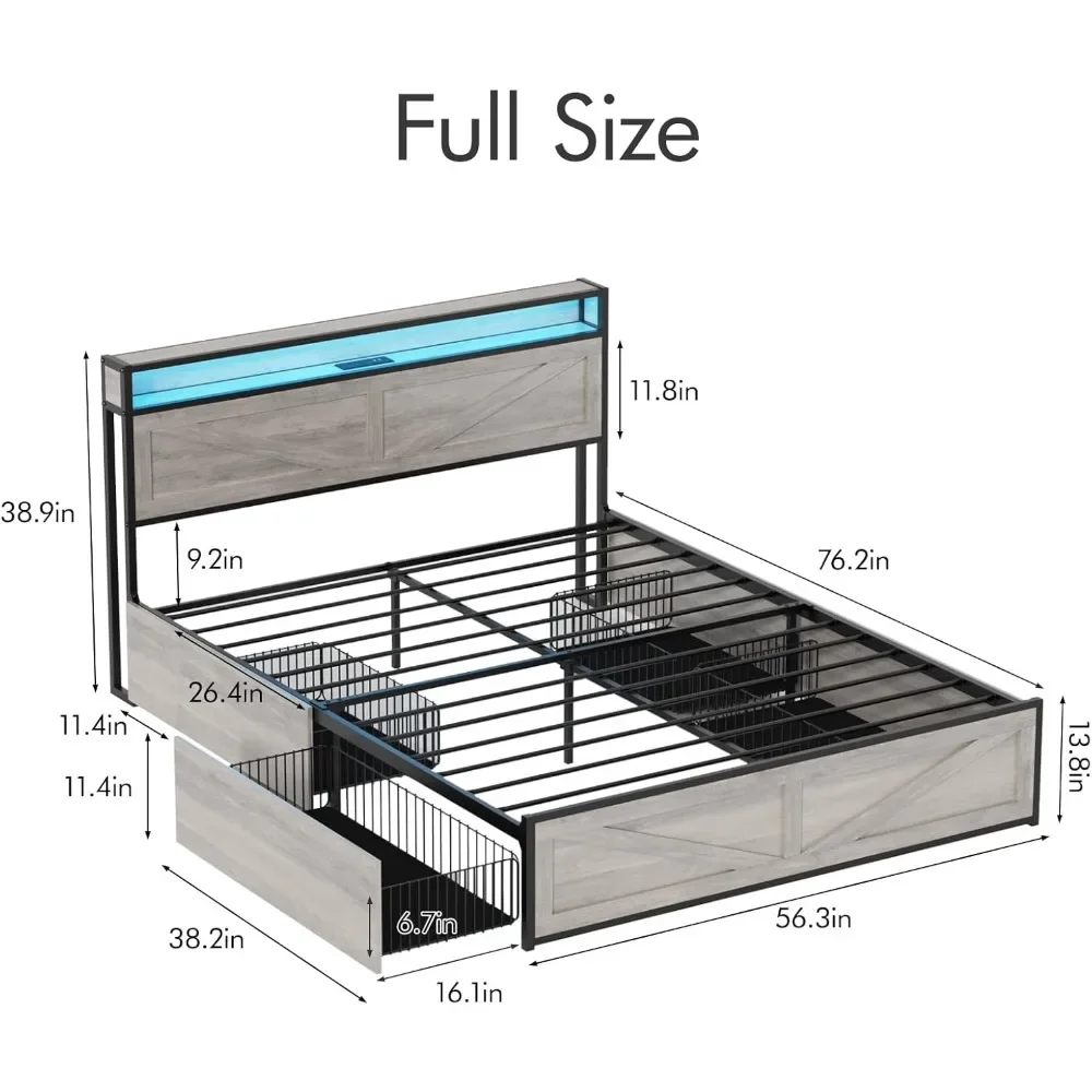 Full Bed Frame with Charging Station & 4 Drawers，Metal Bed Frame with Headboard USB Ports Outlets，Noise Free，LED Bed Frame