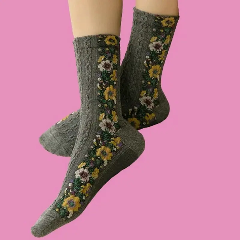 Calcetines de algodón de alta calidad para mujer, medias artísticas de cáñamo con patrón oscuro de flores, estilo étnico personalizado, 5 pares, 2024