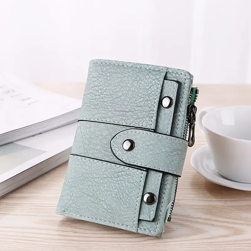 Zipper Small Wallet, Women's Retro Style Faux Leather Fold Wallet With Card Slots & Id Window