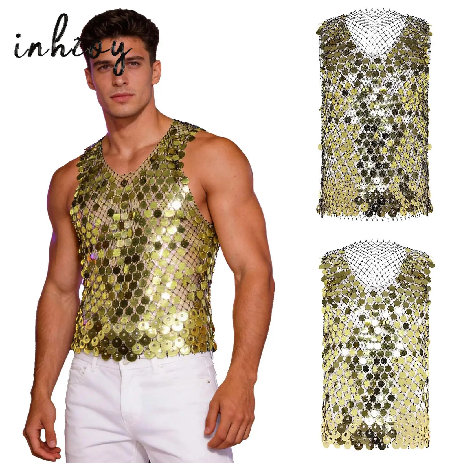 

Rhinestone Glitter Tank Tops Men Fishnet Shiny Muscle Vest Man See Through Tees Sleeveless T-Shirt Party Festival Nightclub