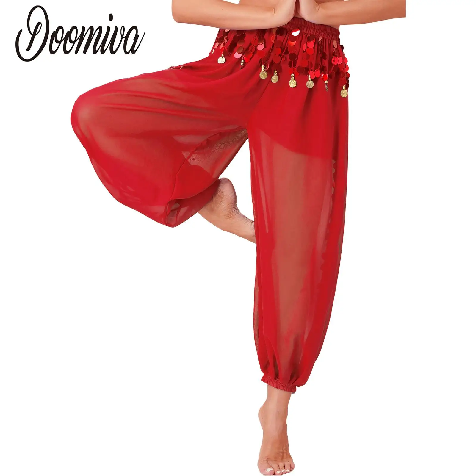 Calças de Dança do Ventre Chiffon para Mulheres, Lantejoulas Bloomers, Calças Bellydance, Traje Performance Palco, Índia Bollywood Dancewear