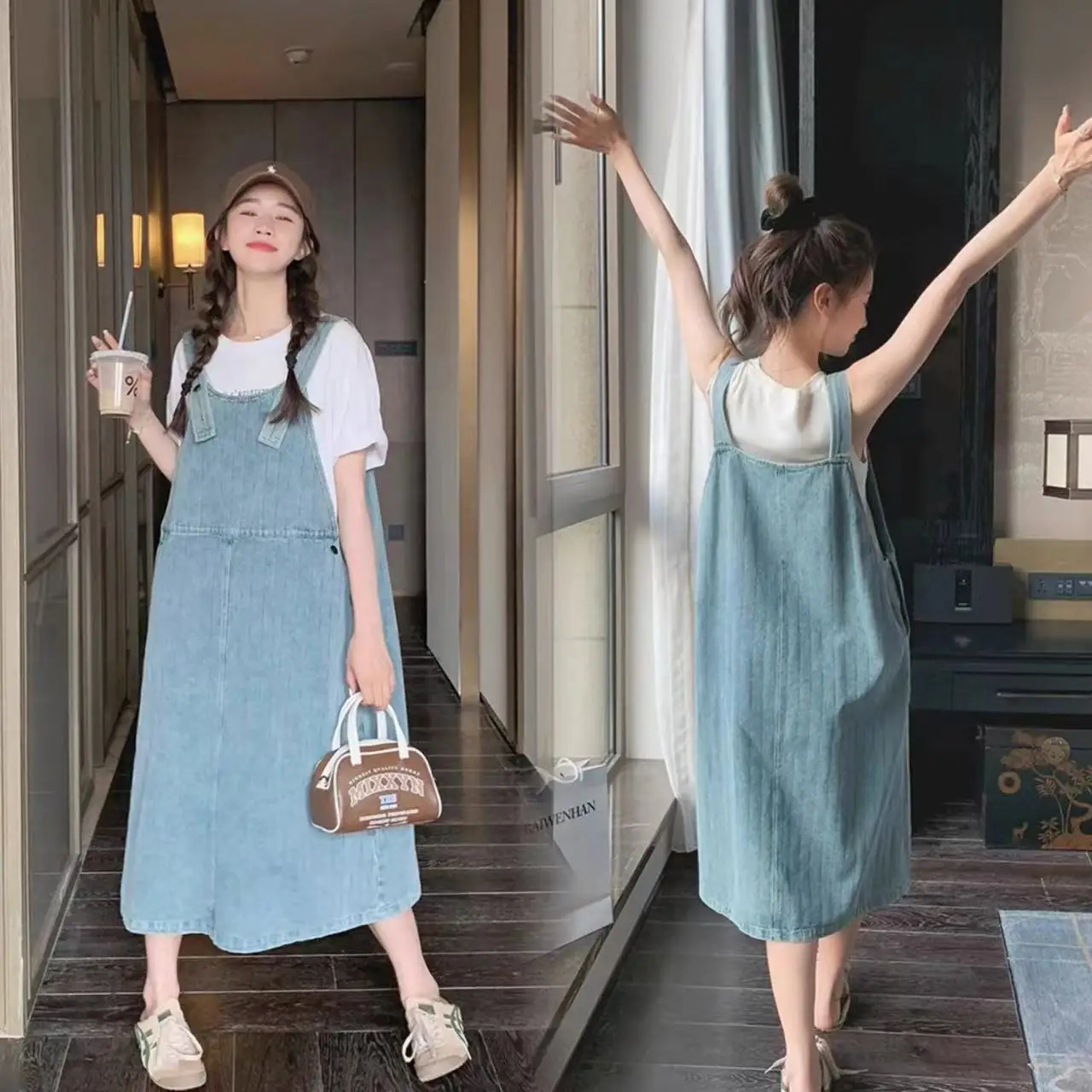 

Light Blue Striped Denim Bib Dress Maternity Summer Fashion Loose Overalls Clothes for Pregnant Women 24SS Y2k Youth Pregnancy