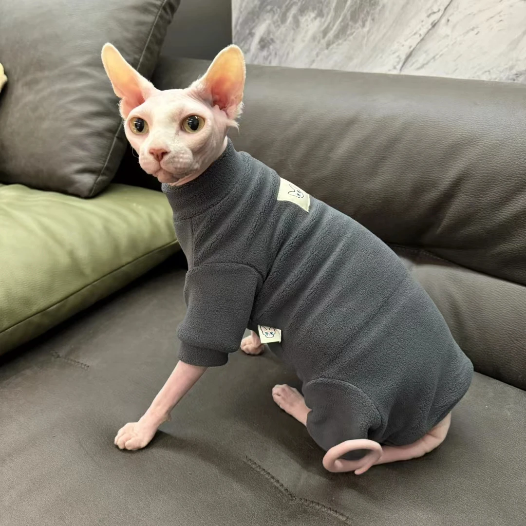 Sphynx Cat Clothes Winter thick Fleece Coat Thick Grey Elestic Jumpsuit for Kittens Long sleeves Sweatshirt for Male Female Cat